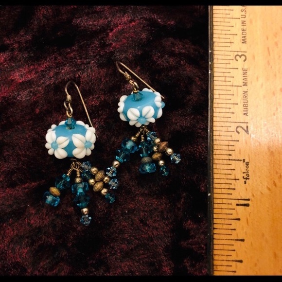 Earrings-Lampworks Blue/White/Antiqued - Picture 3 of 5